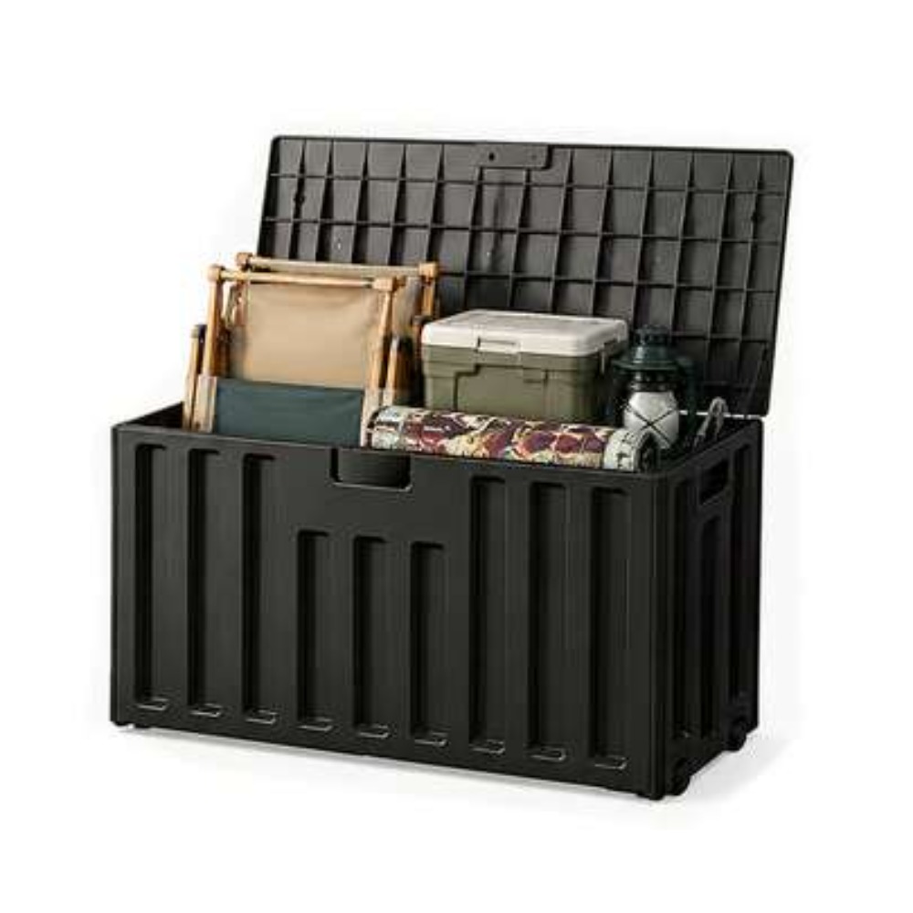 Sports Equipment Organizer - Großer Outdoor-Aufbewahrungsbehälter aus Kunstharz, schwarzes Holzmuster,